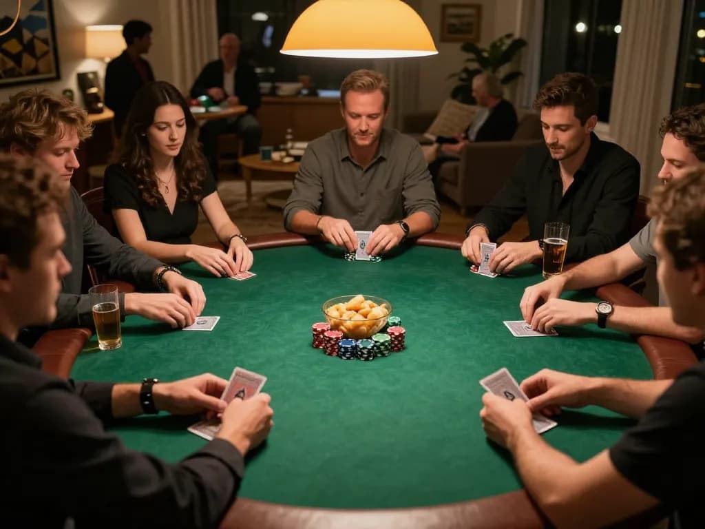TWIN68 players engaged in a lively home poker game with chips and cards, creating an inviting atmosphere.
