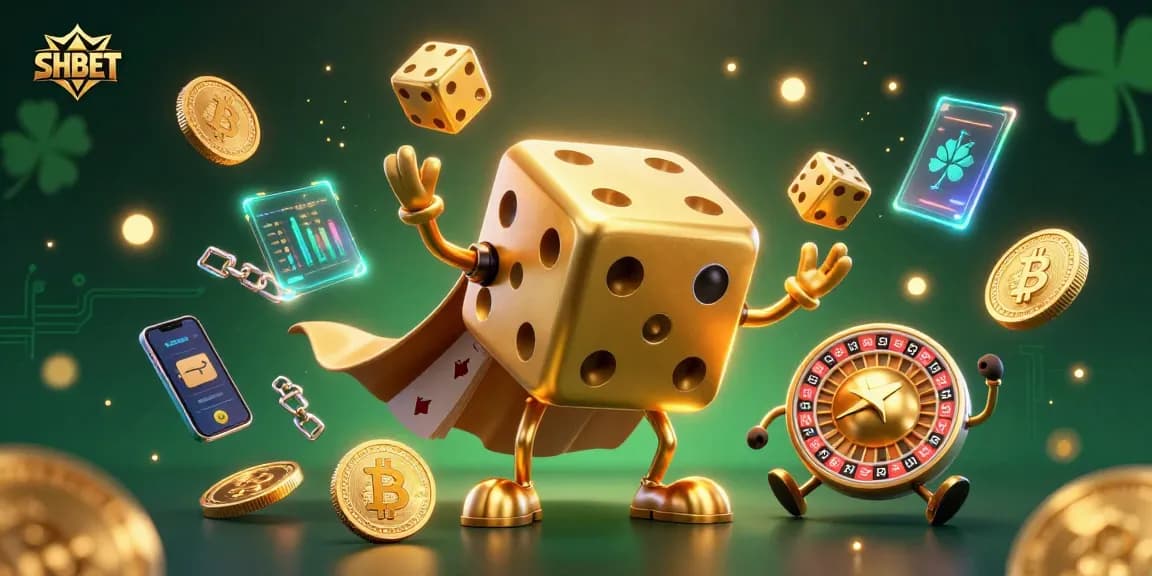 Engage with SHBET's vibrant casino scene featuring animated characters and crypto gambling elements.