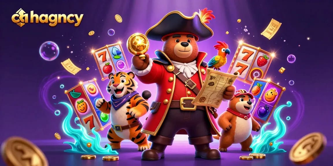 chagency showcases vibrant slot action with a pirate captain bear and tiger exploring riches in an exciting casino scene.