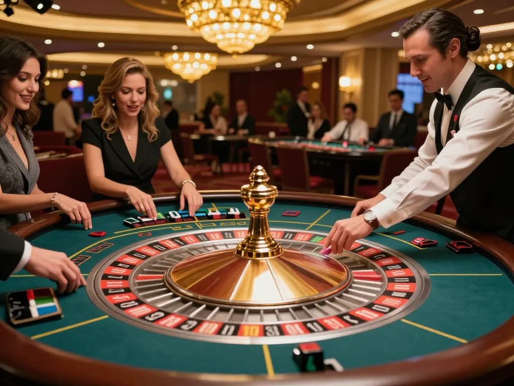 Players placing bets at the roulette table at GG88 casino, highlighting excitement and luxury.