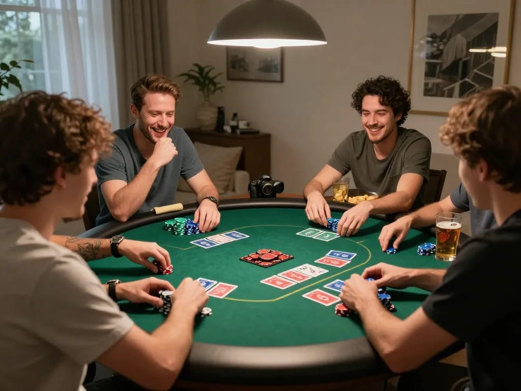 Engaging poker night with friends managing tỷ lệ nhà cái and gameplay strategies around the table.