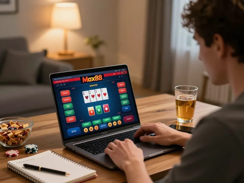 Max88 online poker player focused on strategy with vibrant gaming interface in a cozy home office.