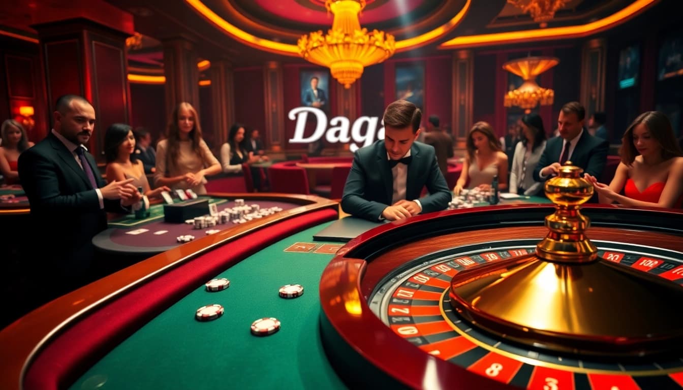 Daga captivates players at an upscale gambling table featuring roulette and poker chips.