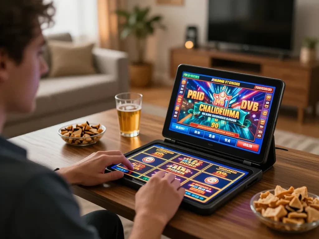 Pemain menikmati permainan slot online hargatoto yang mendebarkan di tablet dalam suasana rumah yang nyaman