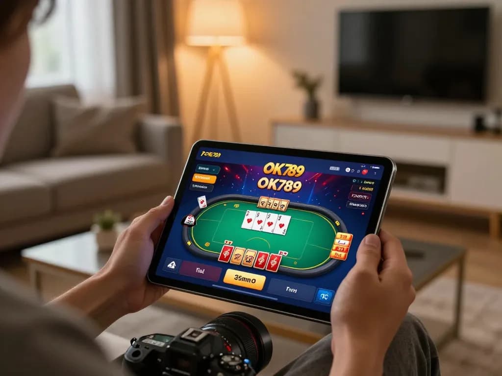Engaging user experience with the OK789 app for online casino gaming on a tablet in a cozy home.