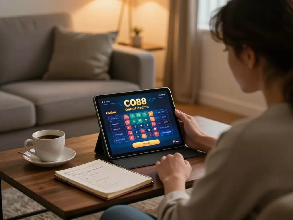 Player enjoying live dealer games at CO88 from home, showcasing a cozy gaming setup with a tablet
