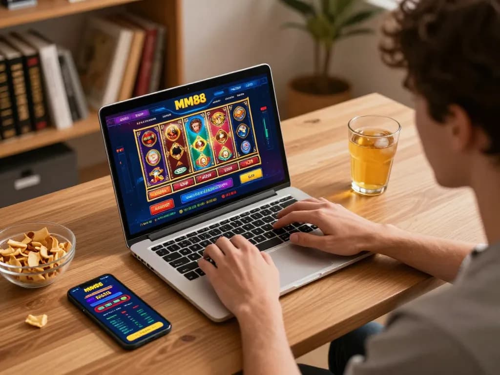 Person enjoying online casino games at MM88, combining comfort and strategic play in a cozy environment.