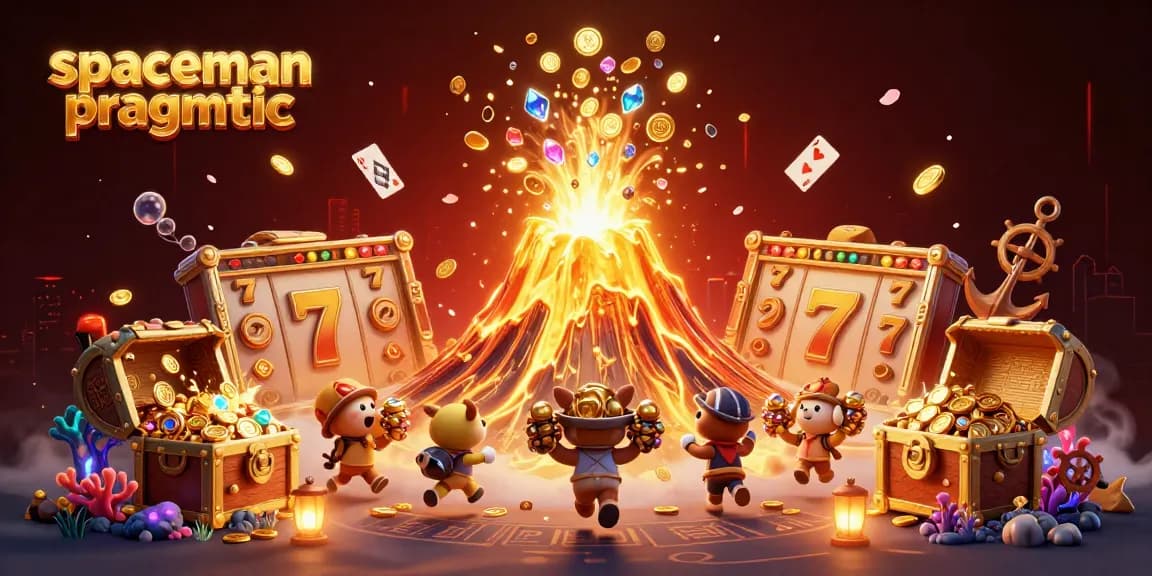 Spin to win big with spaceman pragmatic, featuring a gold volcano erupting in a vibrant casino scene.