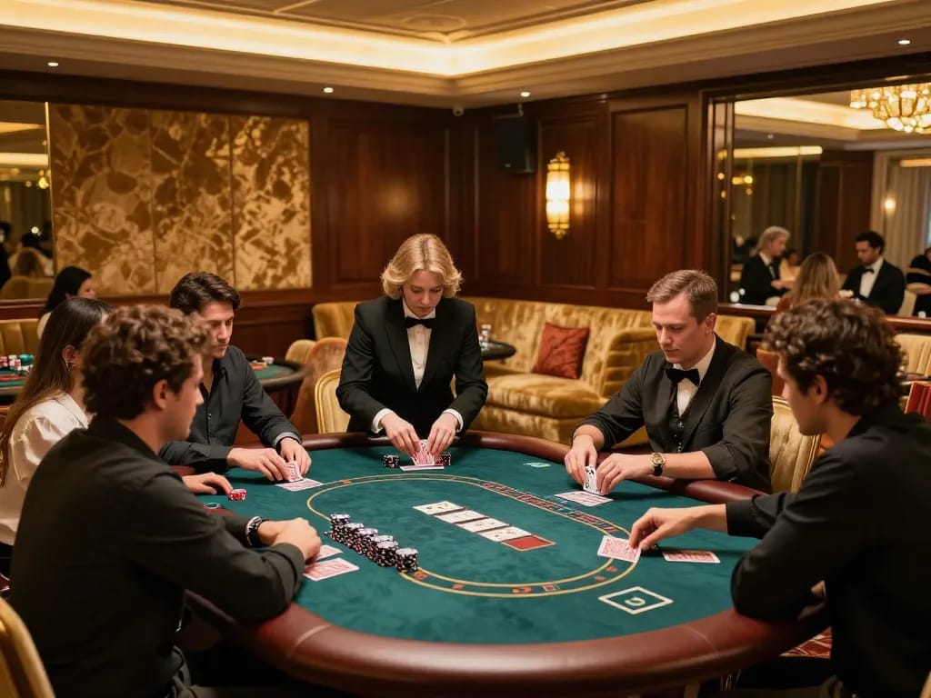 Players strategizing at 789club's exclusive poker table in a luxurious decked-out casino.