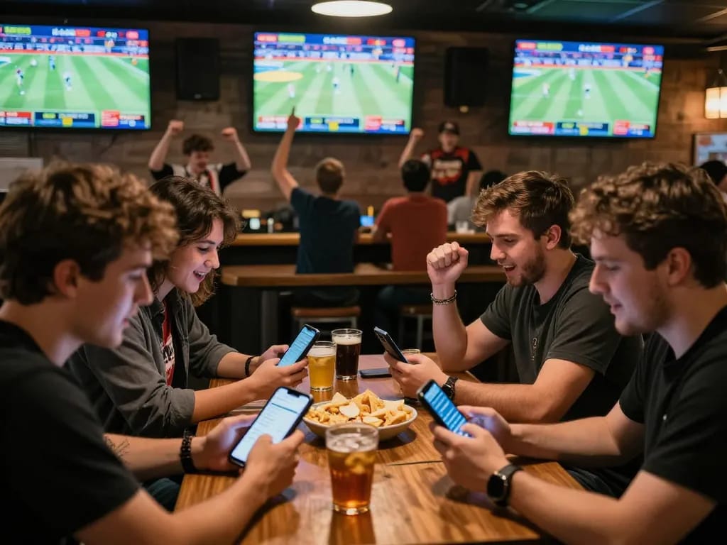 ONE88 enthusiasts engaging in sports betting at a lively bar, capturing excitement and strategy