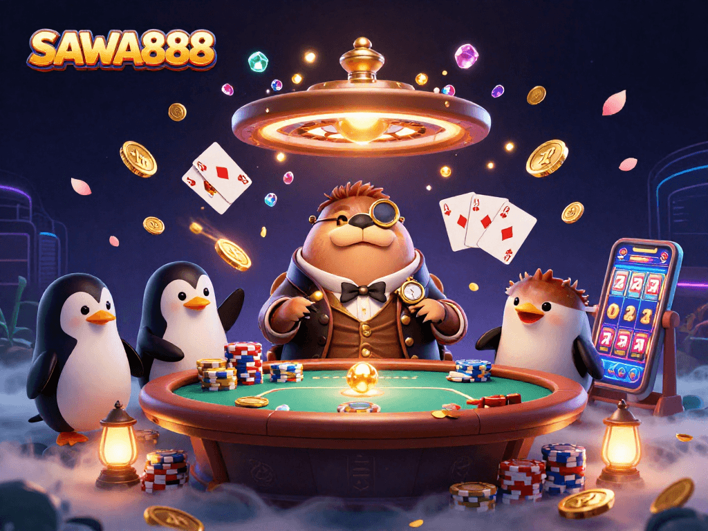 Play at SAWA888 with excitement as the jolly walrus, sophisticated penguin dealer, and bluffing pufferfish engage at a vibrant underwater poker table.