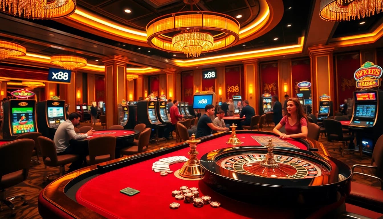 X88 casino scene showcasing excitement at a roulette table with vibrant atmosphere.