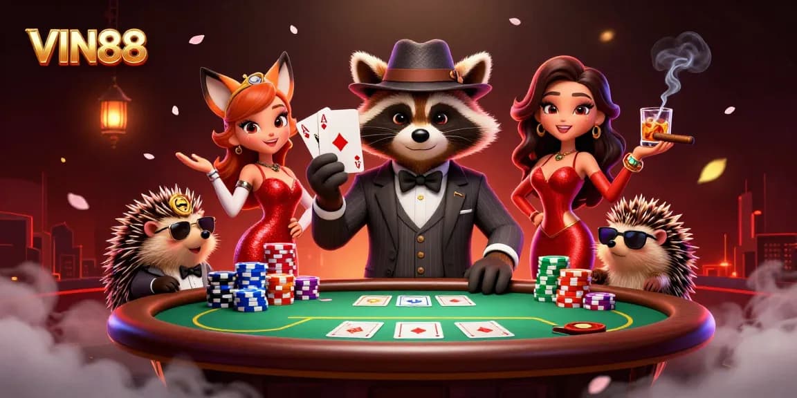 VIN88 casino scene showcasing stylish characters enjoying poker with chips and cards