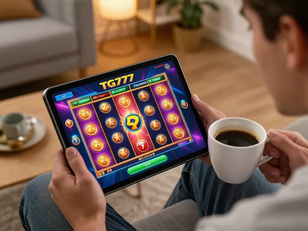 TG777 online gaming session on tablet in cozy living room, showcasing engaging slot interface.