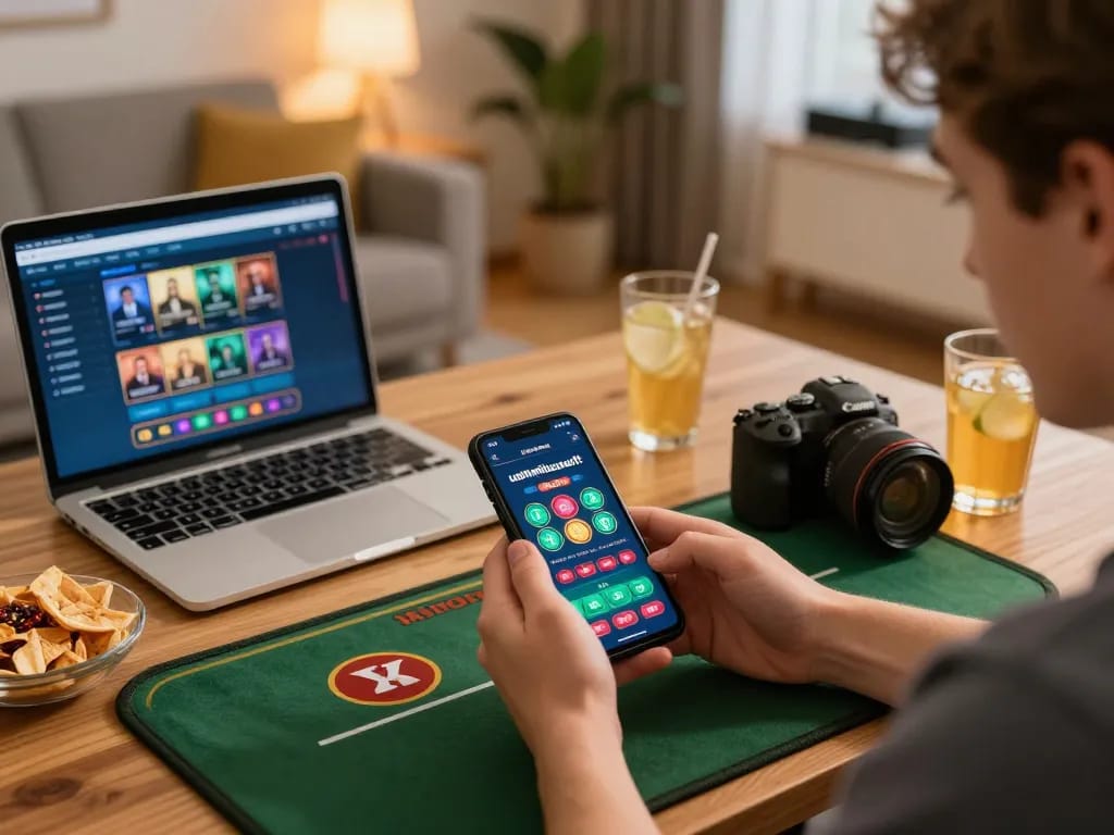 Person enjoying mobile gambling on ushimitsusoft app, surrounded by cozy home setup.