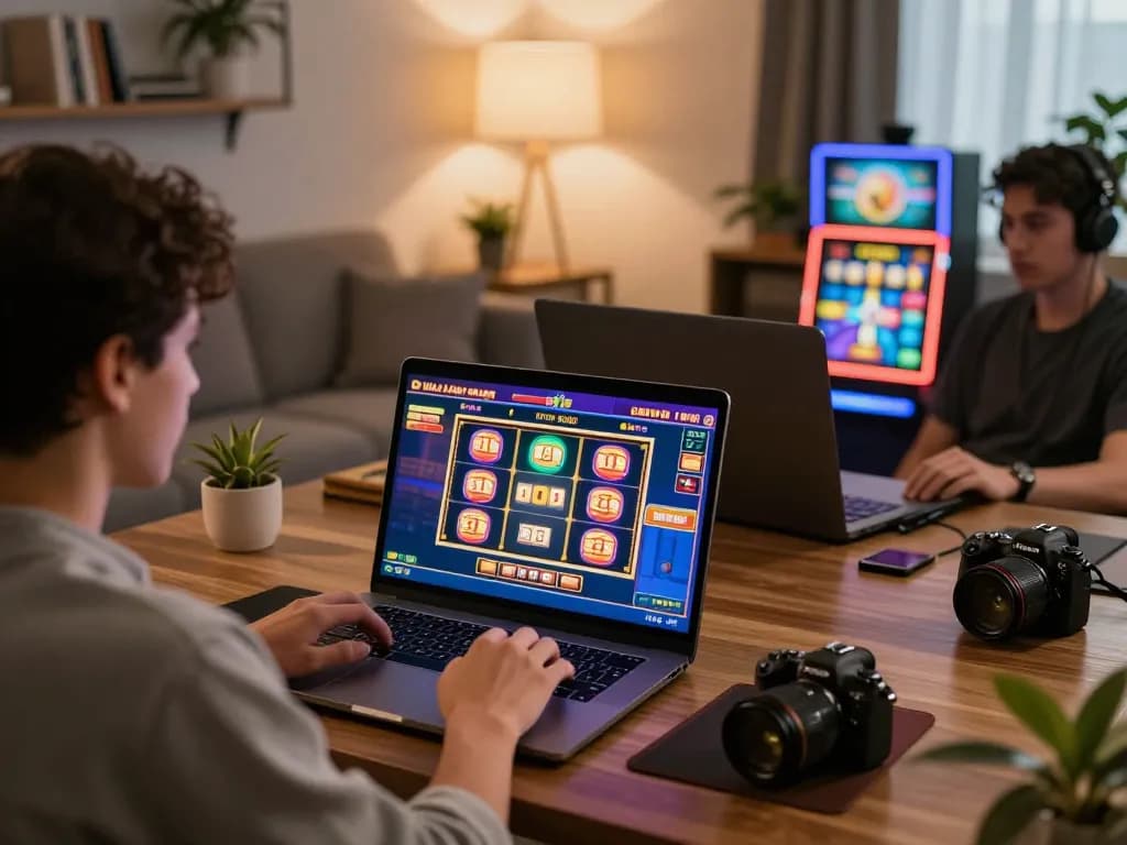 LV88 player enjoying online slots in cozy living room, highlighting gaming action and environment