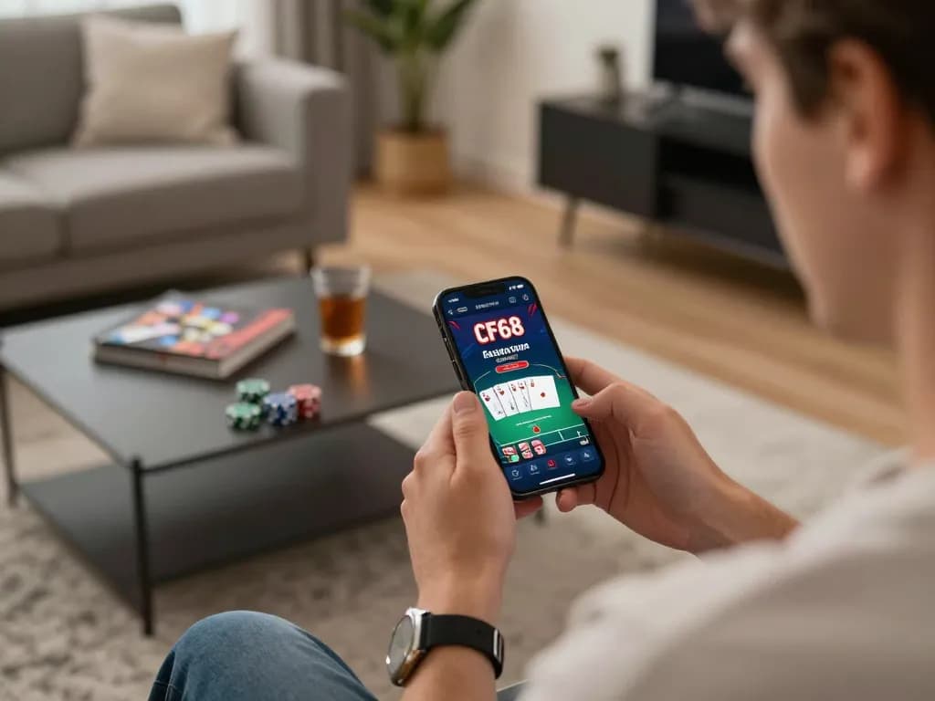 Engaging with the CF68 casino app for online gaming in a stylish home setting