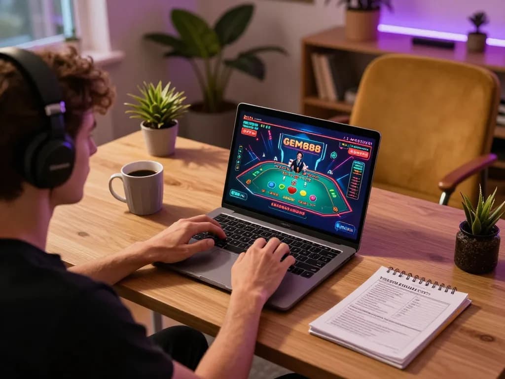Player enjoying GEM88 live dealer experience on laptop in modern home setup, emphasizing engagement and strategy