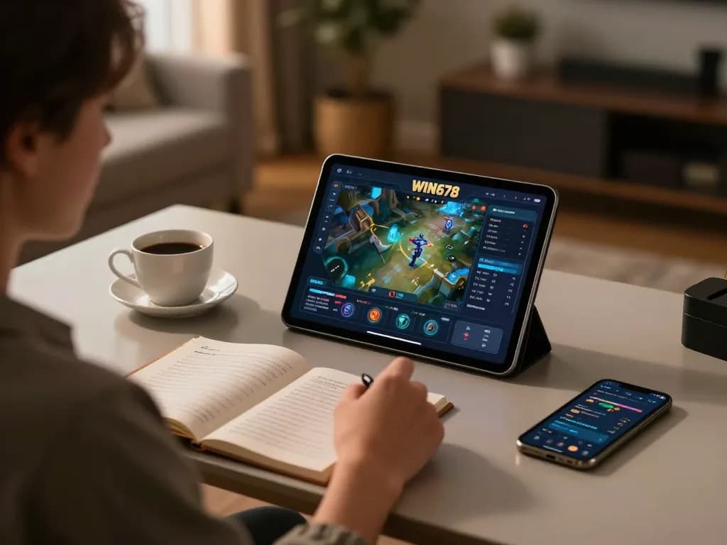 Engaging online gaming session using WIN678 tablet, creating a cozy gambling atmosphere.