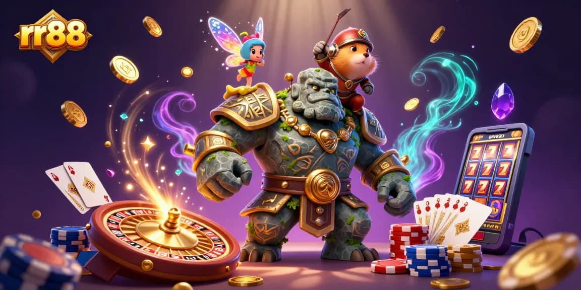 Experience the excitement of rr88 with dynamic casino characters, coins, cards, and magical elements.