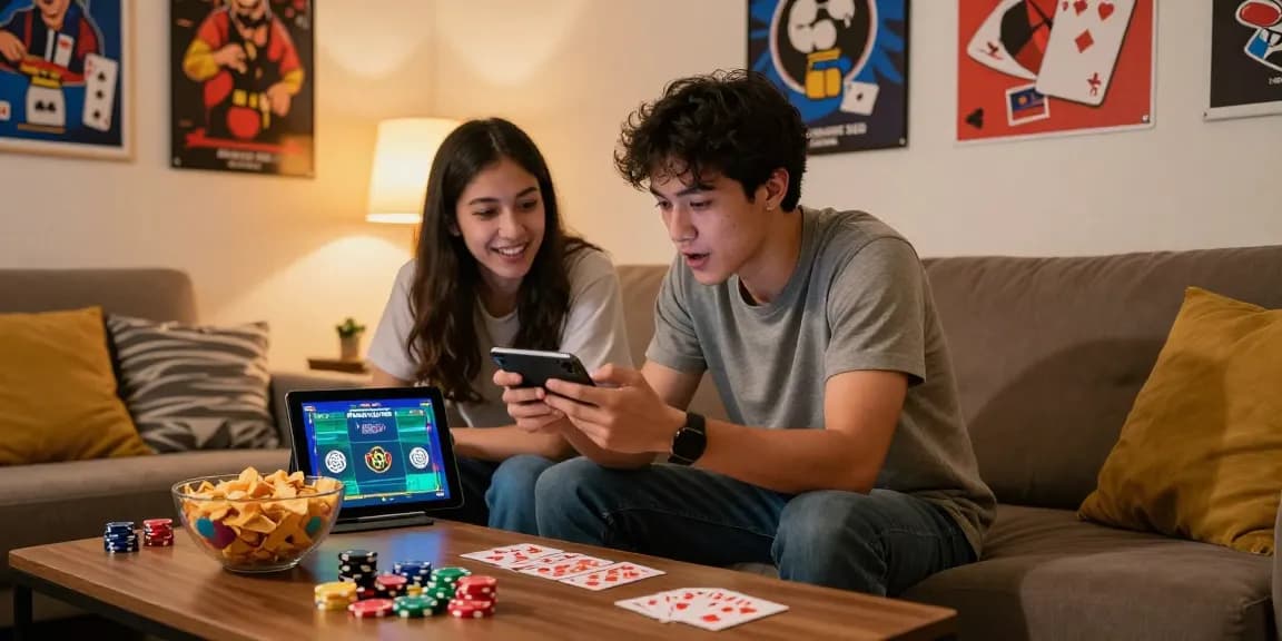 Friends enjoying a gaming night with the Teen Patti Gold app, showcasing social interaction while they Download app and strategize.