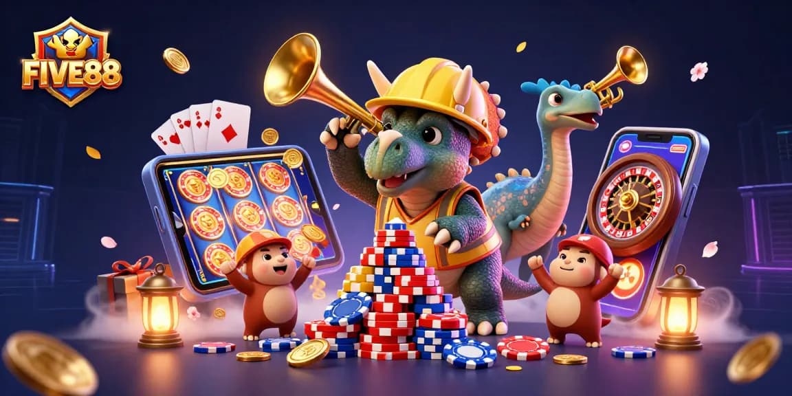 FIVE88 showcases a vibrant casino scene with a triceratops building poker chip pyramids and celebrating!