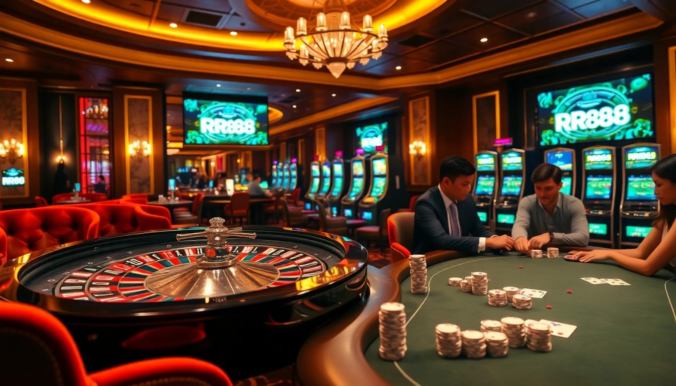 Players enjoy a thrilling gambling experience at RR88 with poker and roulette in a luxurious casino.