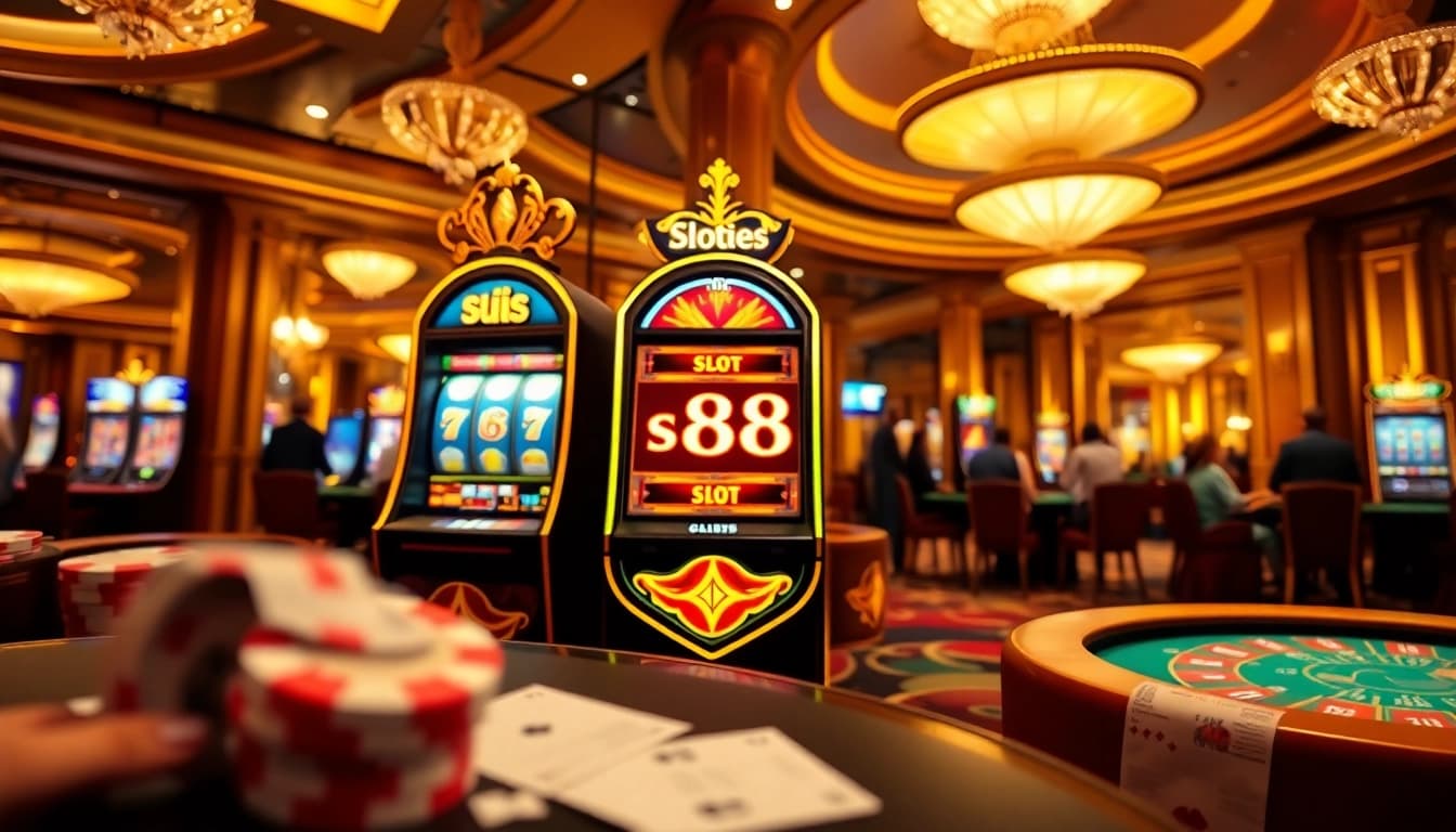 Pemain yang antusias di mesin slot88 di kasino mewah, menampilkan momen kemenangan dan dekorasi yang cerah.