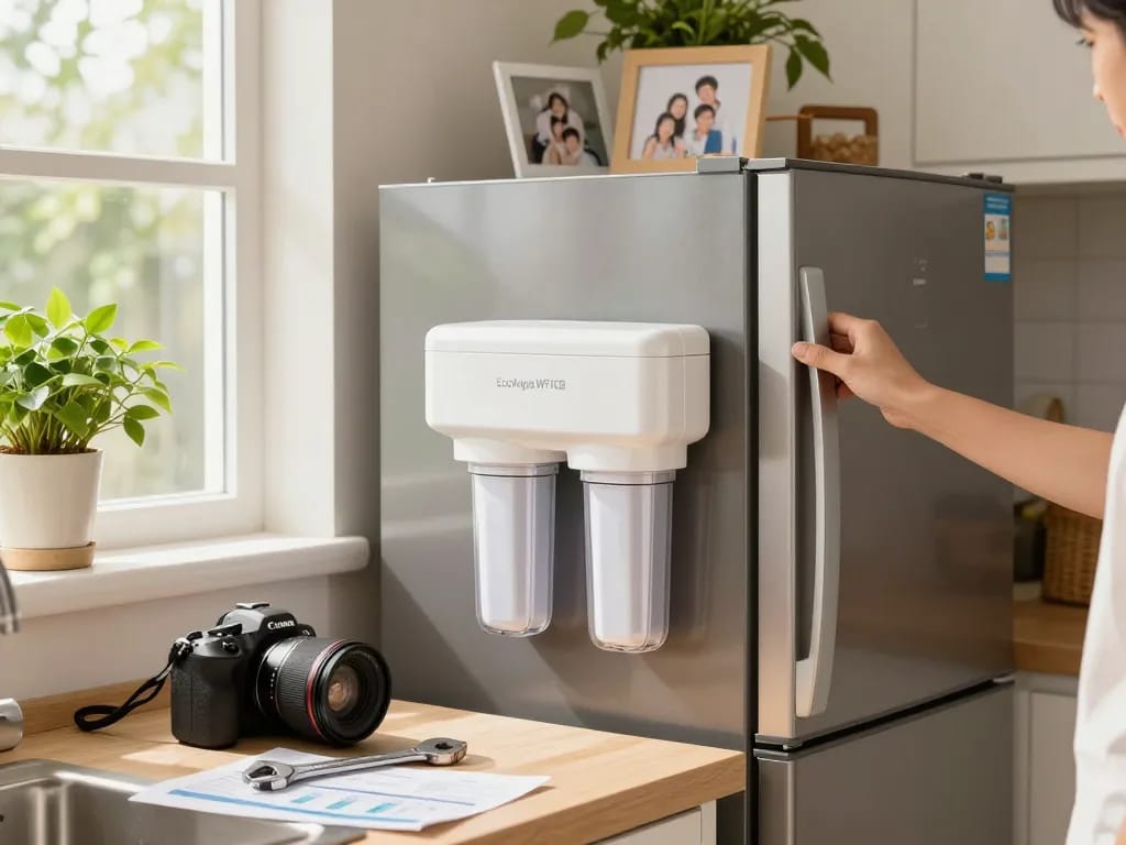 Person installing EcoAqua WF1CB Refrigerator water Filter in a bright, modern kitchen.