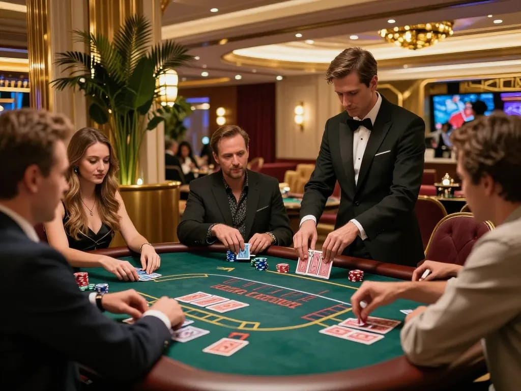 Players engaged at blackjack table in mb66 casino, showcasing intense gameplay and luxury atmosphere.