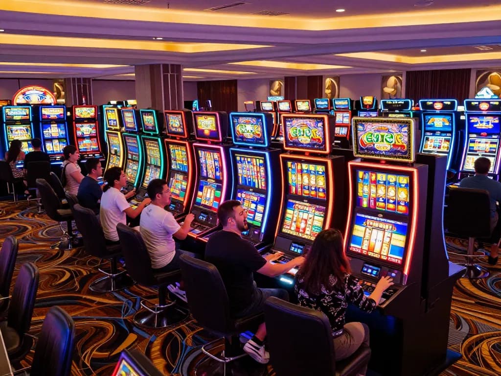 Players enjoying vibrant slots in a lively casino with colorful machines spinning