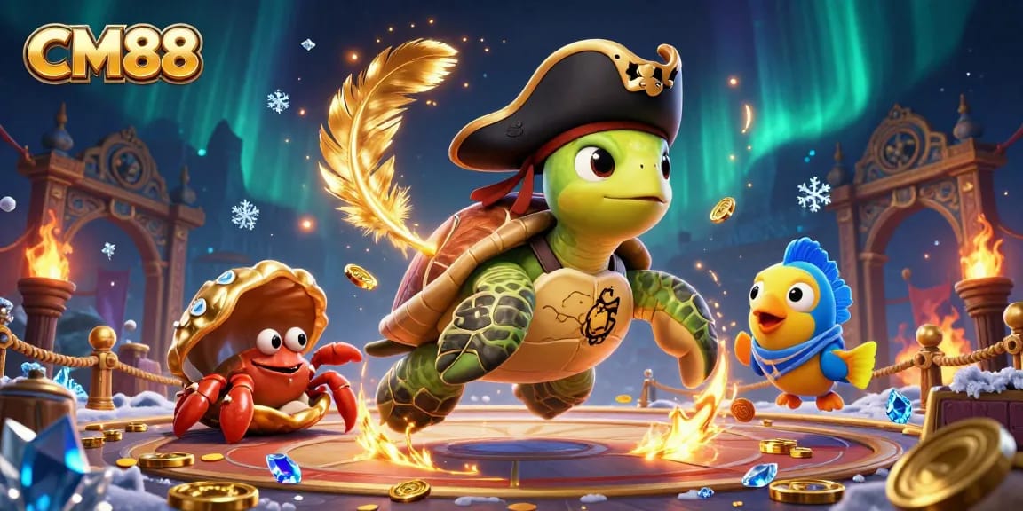 Engage in thrilling casino adventures with CM88's vibrant illustration featuring a pirate turtle, hermit crab, and parrotfish.