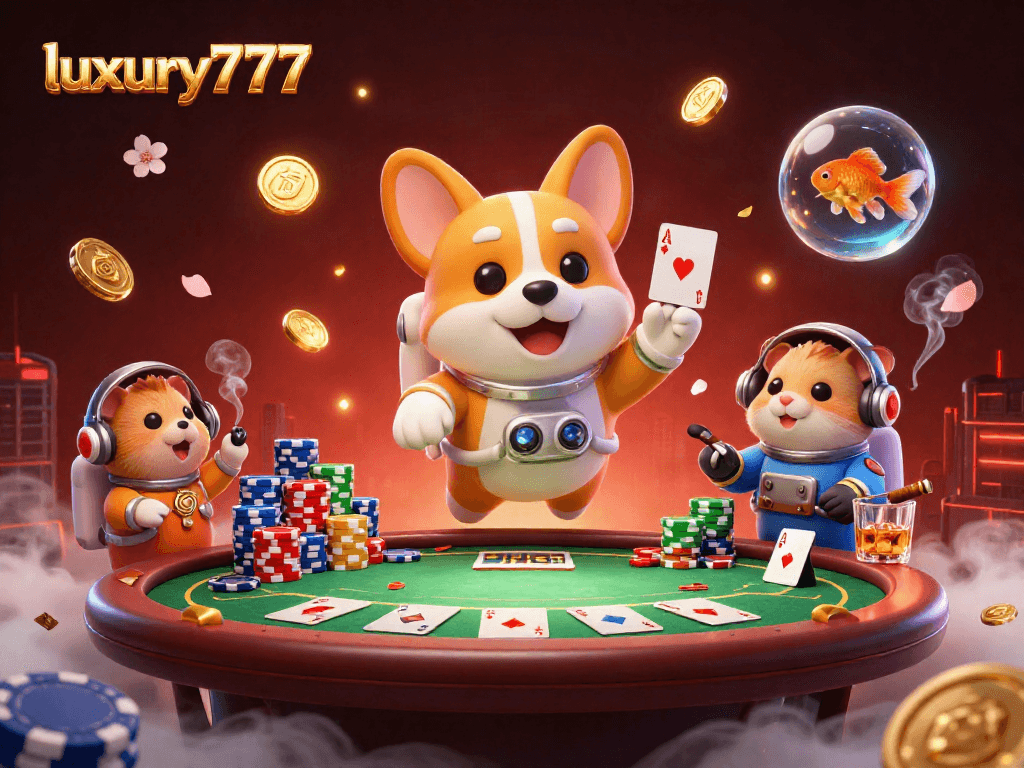 Meja poker di luxury777 dengan karakter unik dan simbol keberuntungan, memicu suasana kasino intergalaksi.