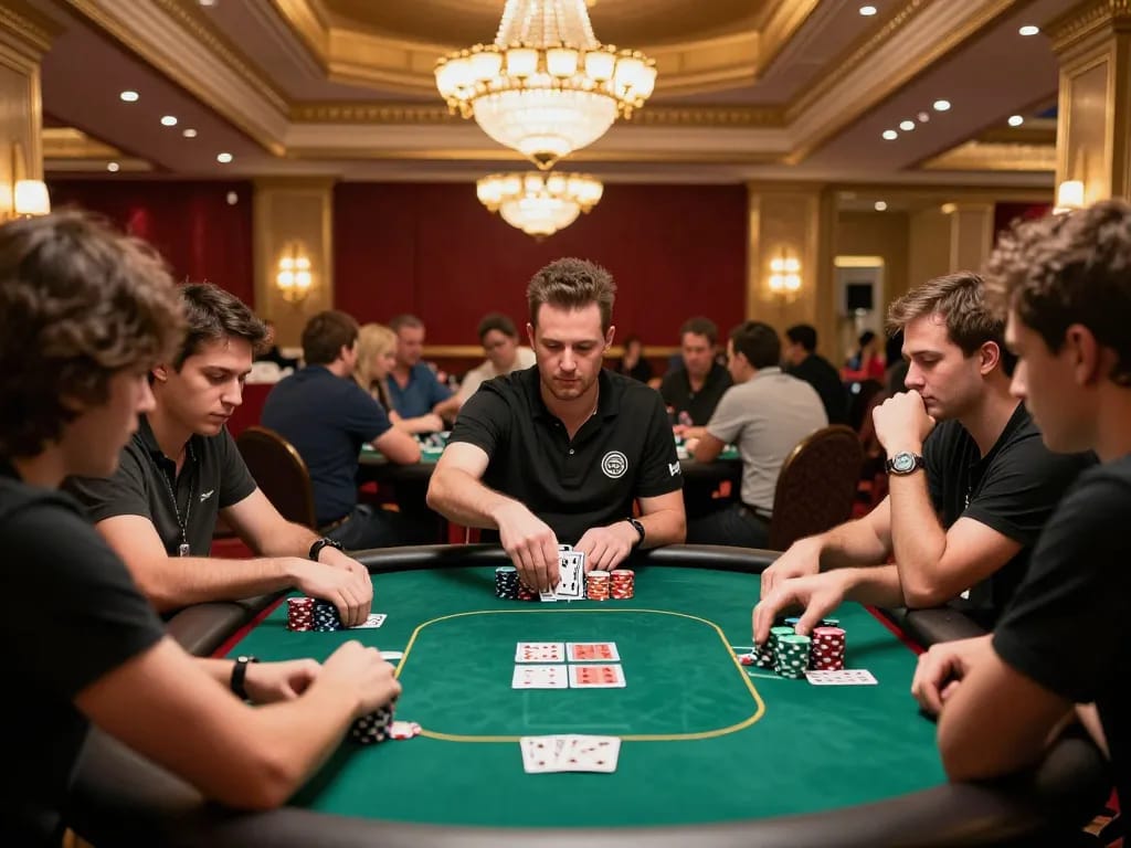 Engaged players at a poker table showcasing strategy in domino88 poker surrounded by an upscale casino atmosphere.