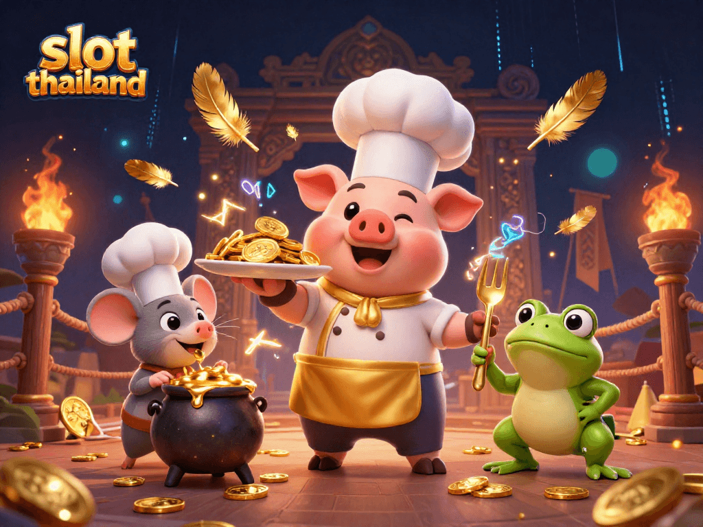 Experience slot thailand's gaming thrill with chef pig serving gold coins in an enchanting casino scene.