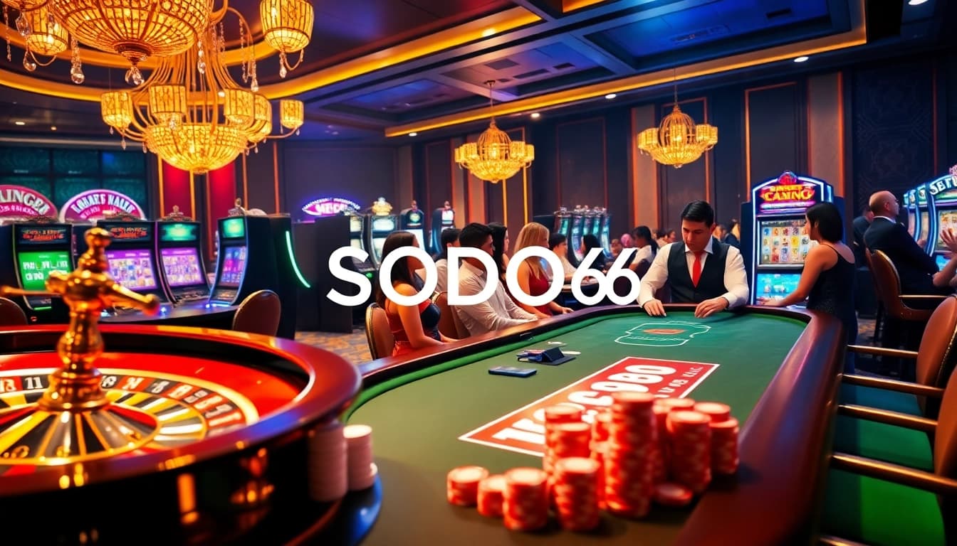 SODO66 players enjoying a vibrant casino experience with blackjack and slot machines.