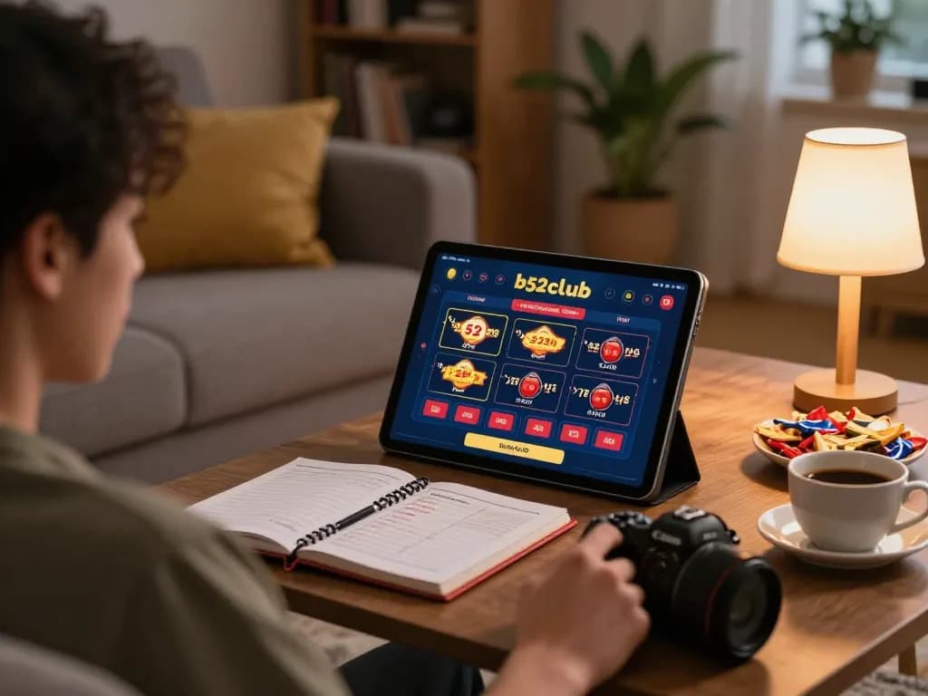 A player using the b52club app on a tablet during a relaxing home gaming session, with snacks and strategy notes.