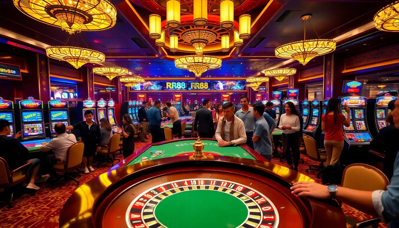 Experience RR88's thrilling casino ambiance with vibrant games and excited players.