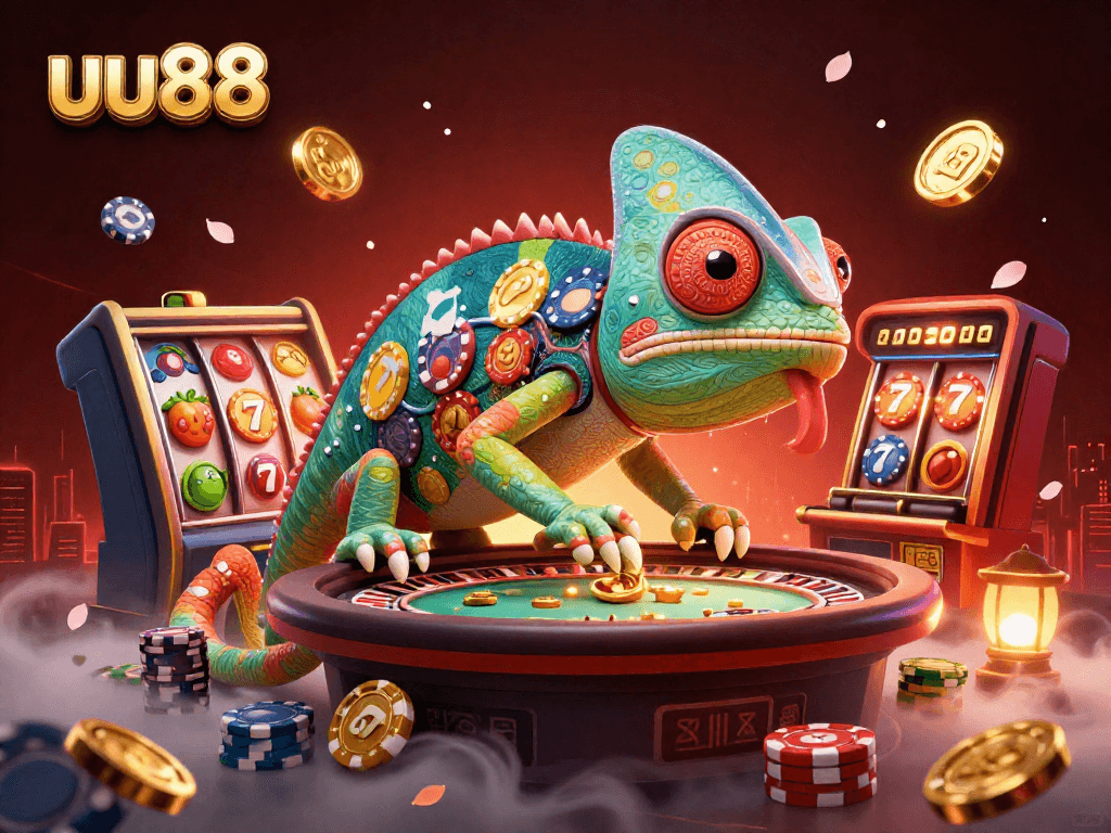 Experience the thrill of uu88 with a vibrant 3D casino scene featuring a chameleon owner and rich gaming elements.