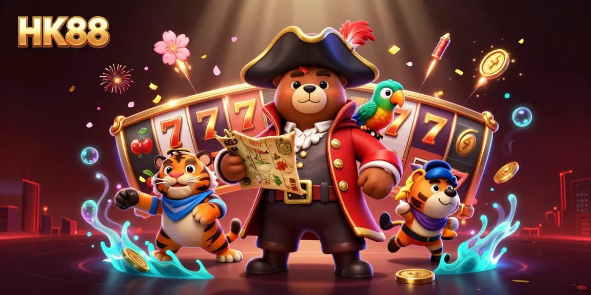 Spin the reels at HK88 with the pirate captain bear, thrilling players with vibrant gaming elements.