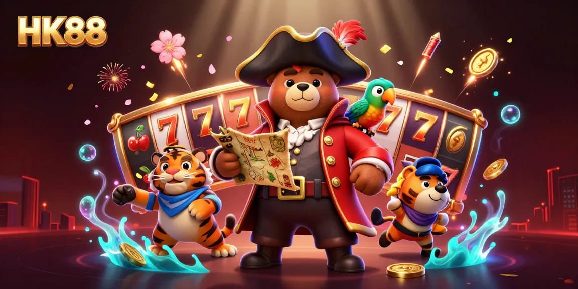 Spin the reels at HK88 with the pirate captain bear, thrilling players with vibrant gaming elements.