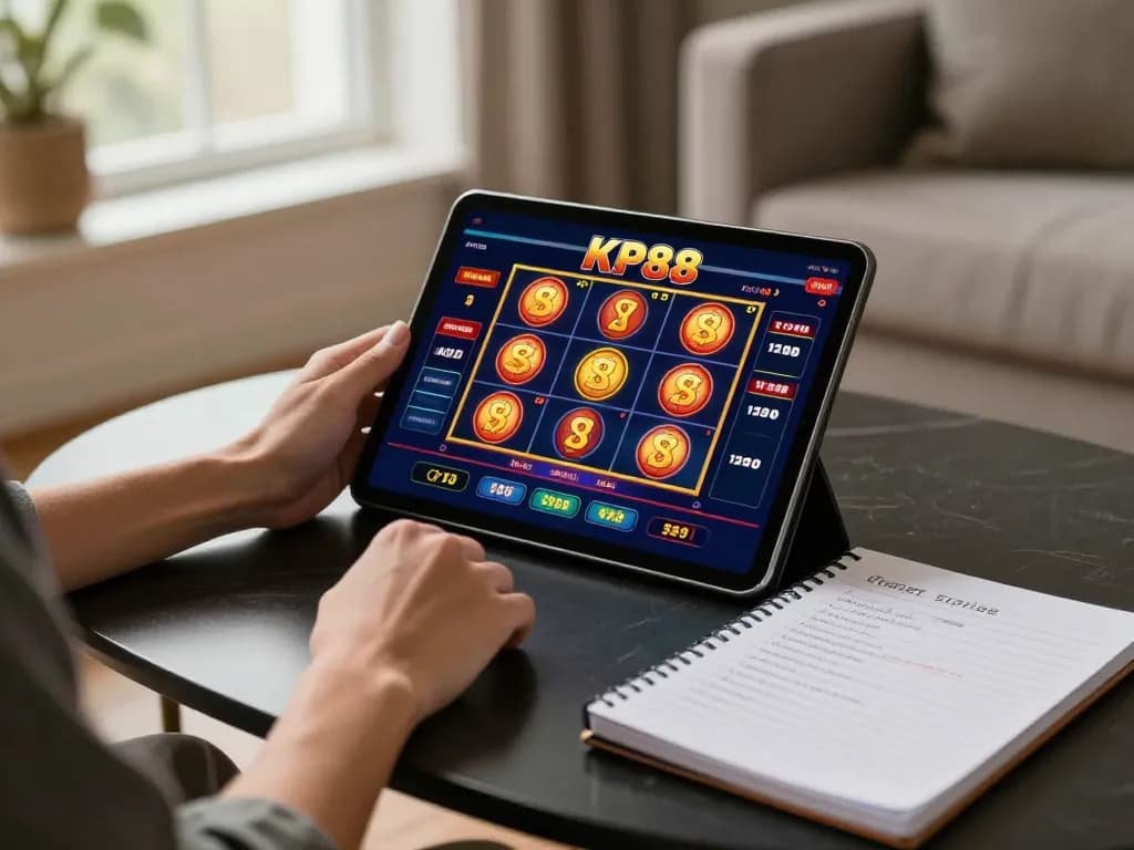 Engaging in online gaming at KP88, exploring vibrant slot games on a tablet in a cozy setup.