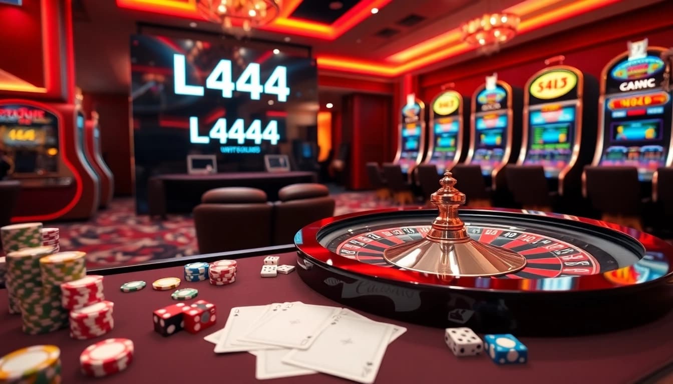 L444 casino scene showcasing roulette and high-quality poker tables with vibrant lights.