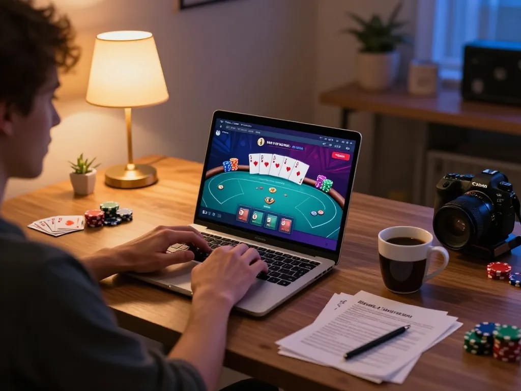Player engaging in online poker on 555win platform, showcasing cards and chips in a cozy gaming setup.