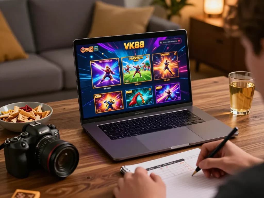 Engaging online gaming with VK88 on laptop while studying betting strategies.