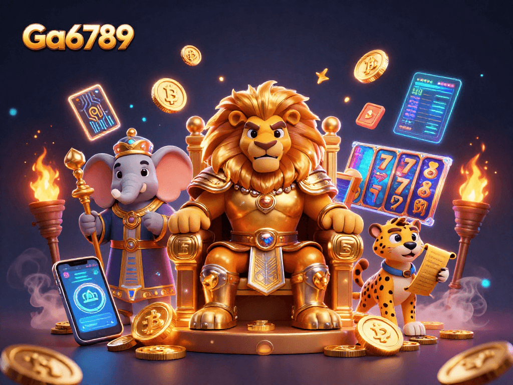 Engage with Ga6789's dynamic 3D casino illustration showcasing a lion king, elephant, and cheetah amidst vibrant slot reels.