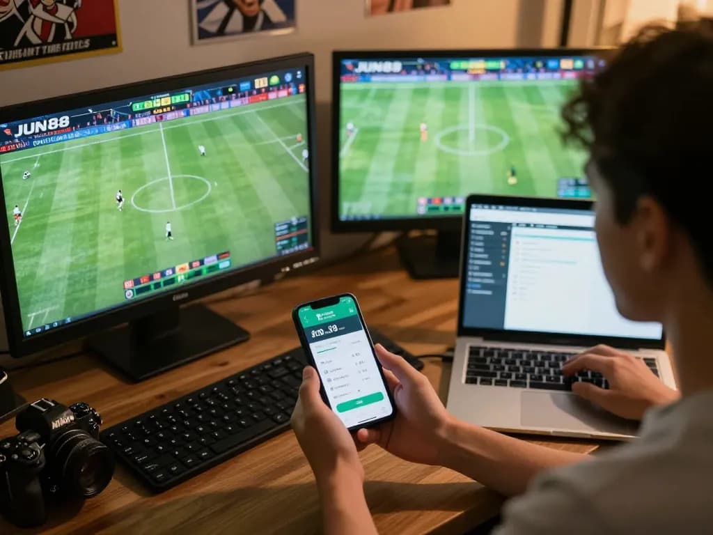 Exciting live betting experience on JUN88 sports platform with multiple screens showcasing matches and betting action.