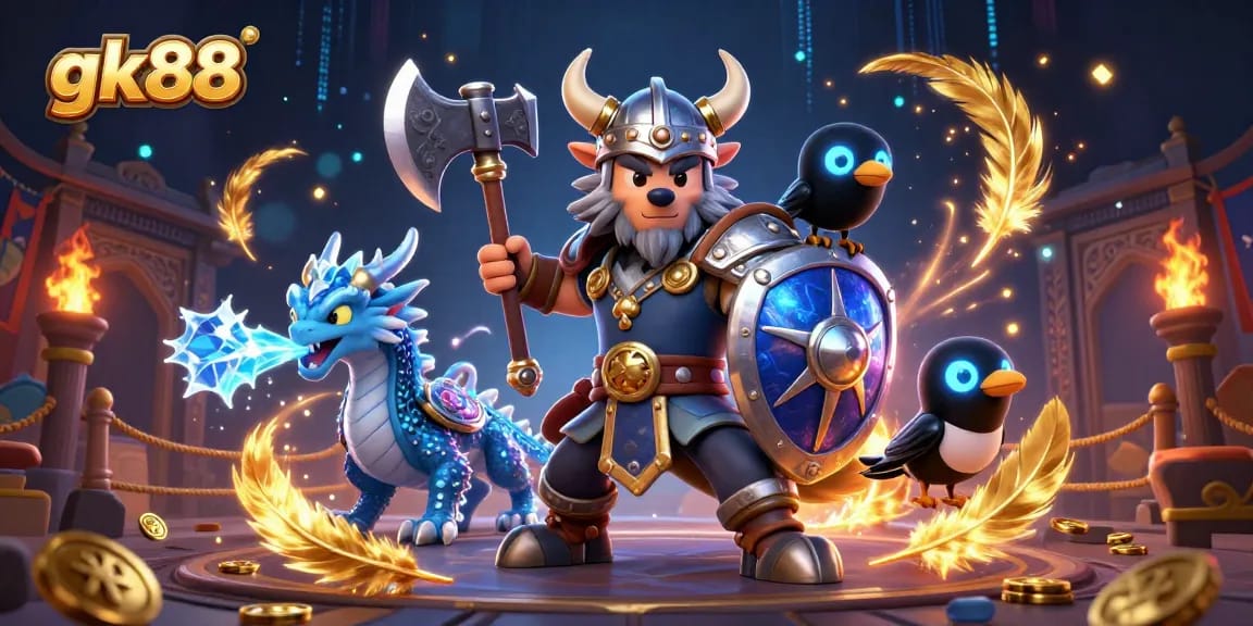 gk88 Viking wolf warrior battling alongside a dragon in a vibrant, dynamic casino scene.