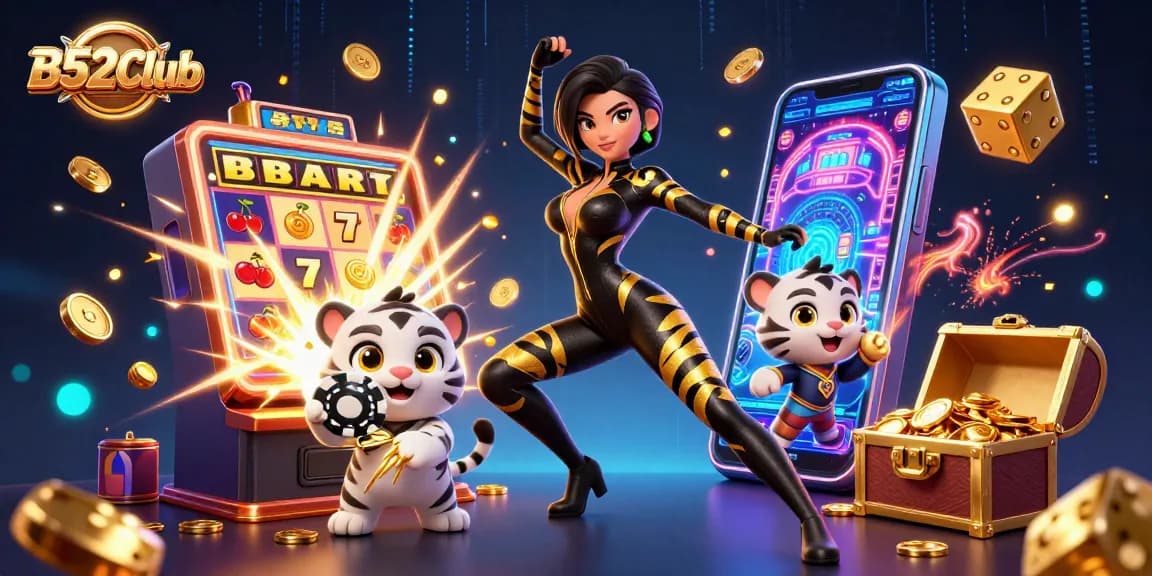 B52Club showcases exciting gaming experience with a dynamic scene featuring a 3D woman and baby tiger amidst vibrant casino elements.