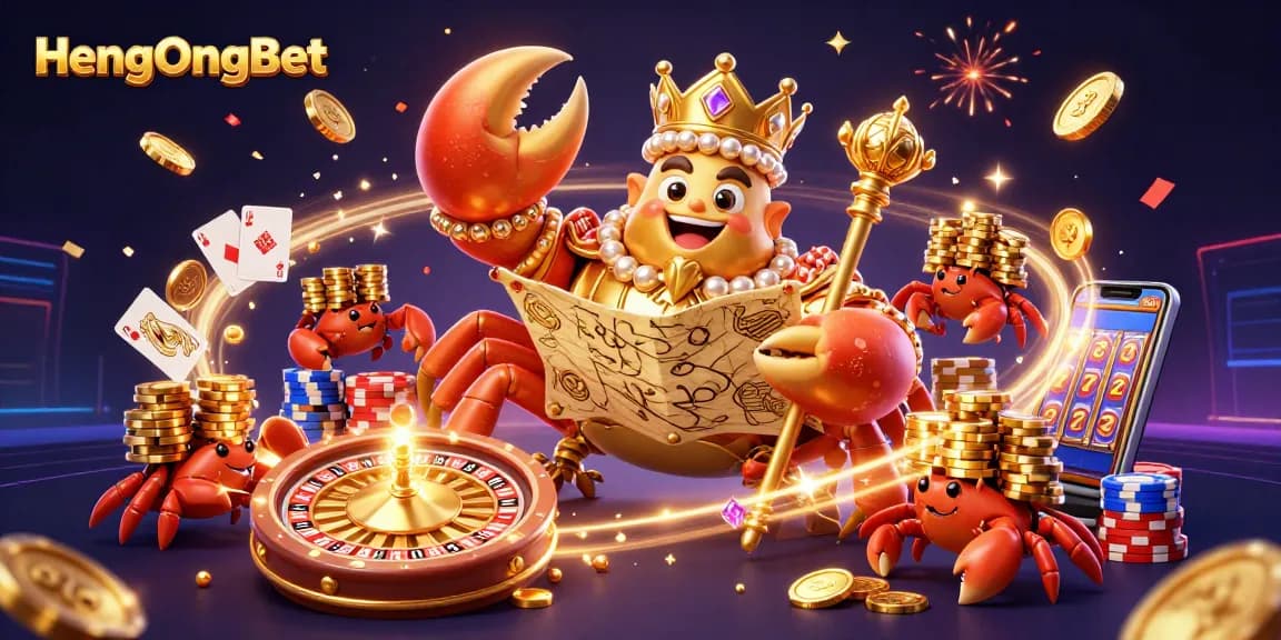 Experience the excitement of HengOngBet with a vibrant, 3D illustration of a golden crab emperor in an immersive casino scene.